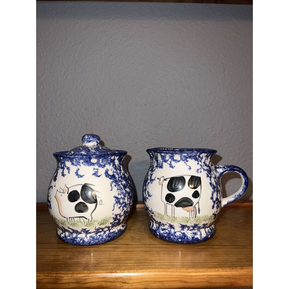 Vintage Molly Davis Spatterware Spongeware Cream & Sugar Bowl - Artist Signed